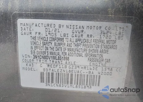 2021 Nissan Versa S Xtronic Cvt z USA, uszkodzony, nr VIN 3N1CN8DV1ML851898